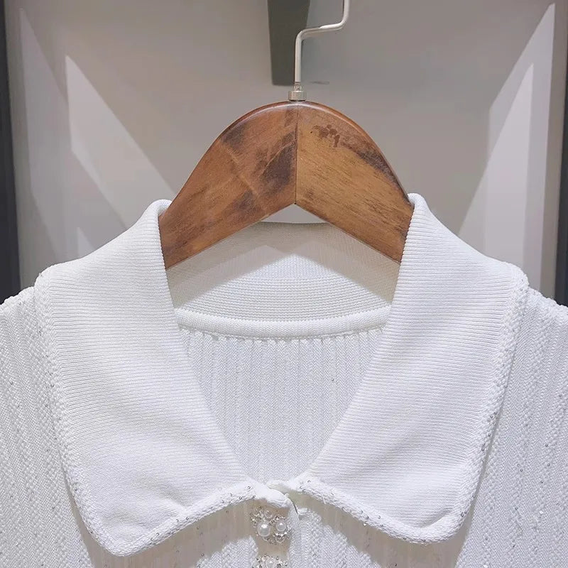 2024 Spring/Summer New Polo Neck Short Sleeve Knitted Dress Y2K Fashion Commuter Elastic Slim Fit Multi Pocket Wrapped Hip Skirt