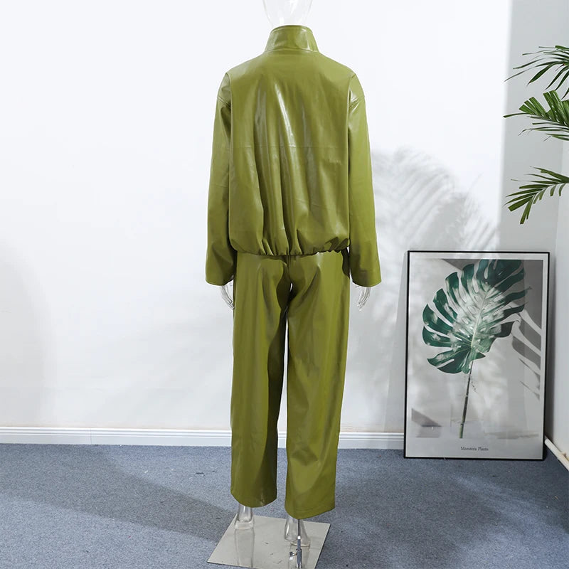 Vintage Green Leather Skirts Jackets Suit Women's Slim Zipper Coat With Pocket Split Skirt 2025 New Winter Autumn Ladies Outwear