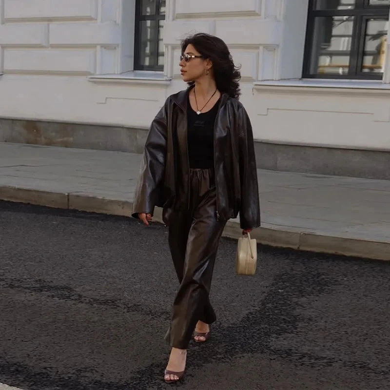 Street Zipper Leather Jackets Skirts Sets Women Loose Stand Collar Full Sleeve Coat Straight Skirt 2025 Autumn Winter Lady Suit