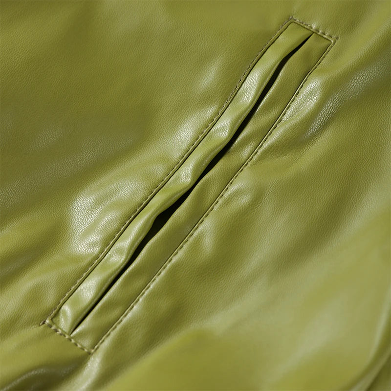 Vintage Green Leather Skirts Jackets Suit Women's Slim Zipper Coat With Pocket Split Skirt 2025 New Winter Autumn Ladies Outwear