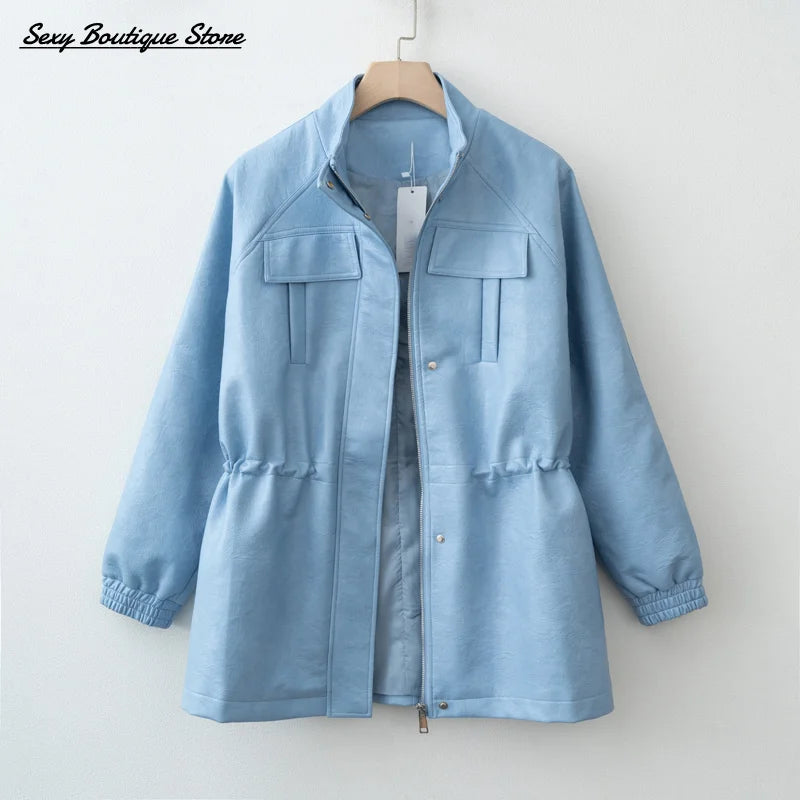 Autumn Winter Pu Leather Jacket For Women Solid Full Sleeve Elastic Adjustable Waist Coat 2025 New Lady Fashion Casual Outwears