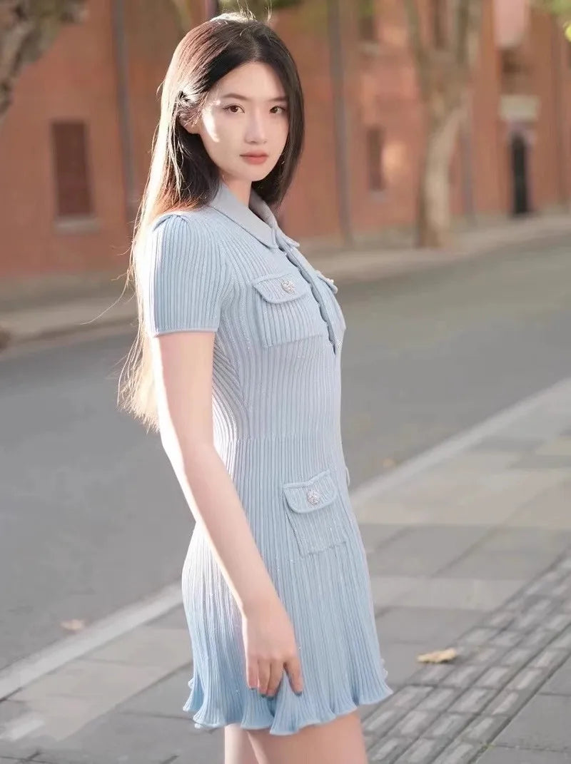 2024 Spring/Summer New Polo Neck Short Sleeve Knitted Dress Y2K Fashion Commuter Elastic Slim Fit Multi Pocket Wrapped Hip Skirt