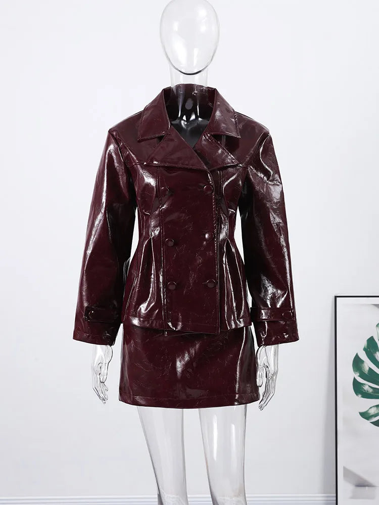 Retro Leather Blazers Short Skirts Suit Women's Stylish Lapel Double-breasted Jackets 2025 New Autumn Winter Ladies Streetwear