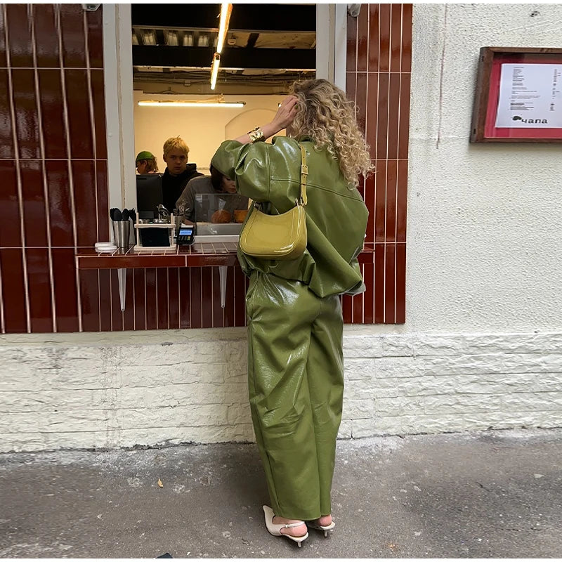 Vintage Green Leather Skirts Jackets Suit Women's Slim Zipper Coat With Pocket Split Skirt 2025 New Winter Autumn Ladies Outwear