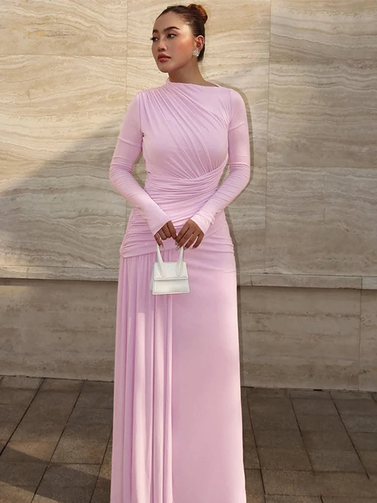 Elegant Irregular Pleated Maxi Dress Women O-Neck Long Sleeve Ruched Bodycon Long Dress Autumn 2025 Lady Club Party Evening Gown - SalmanStore 