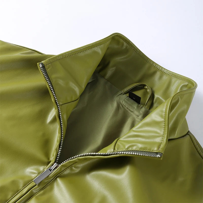 Vintage Green Leather Skirts Jackets Suit Women's Slim Zipper Coat With Pocket Split Skirt 2025 New Winter Autumn Ladies Outwear
