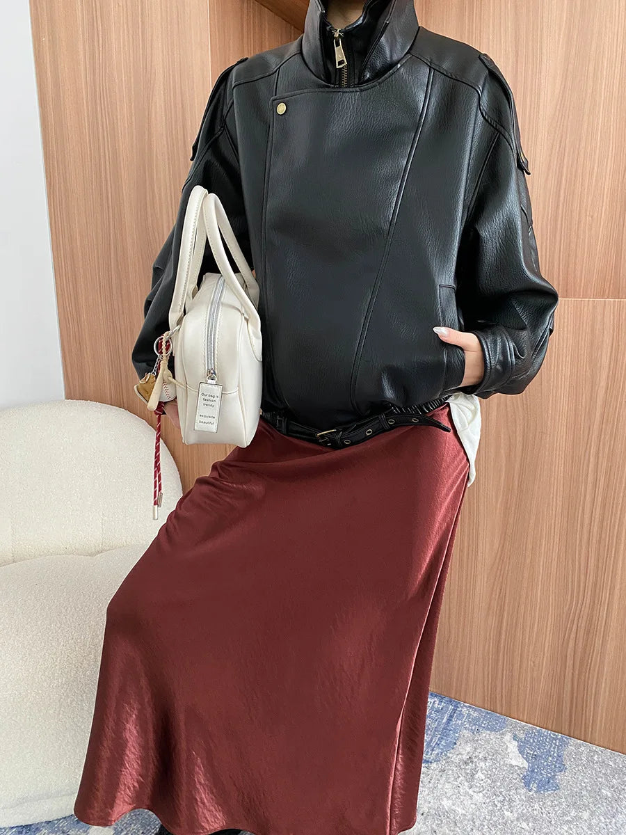 Spring and Autumn Women's Casual Solid Color Collar Long Sleeve Loose Jacket