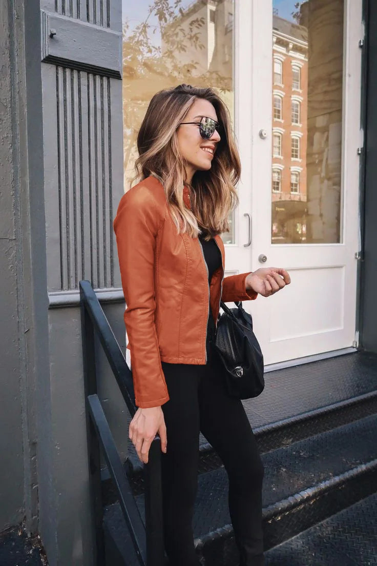 Autumn and Winter Women's Large Size Leather Jacket Fashionable Solid Color Slim Street Elegant Versatile Top PU Coat