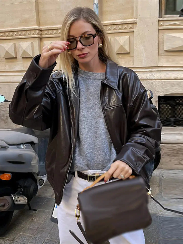 Vintage Textured Leather Jacket Coat Matte Zipper Lapel Commuting Loose Women Motorcycle Jackets Street Trendy Short Outwear Top