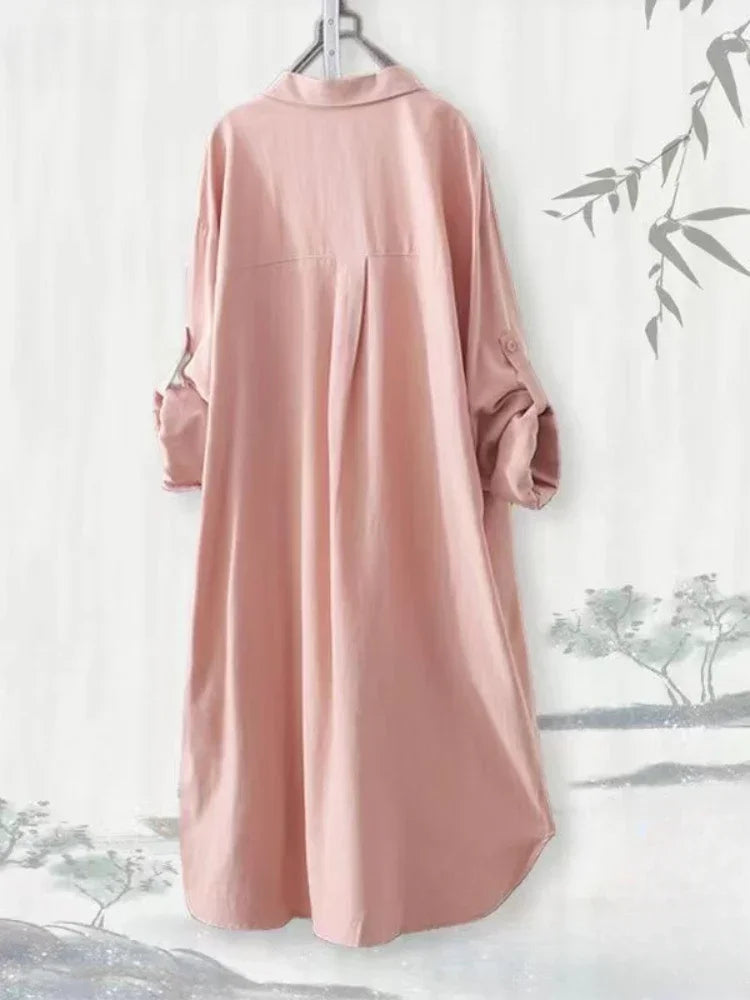 Plus Size Loose Breathable Blouses Midi Shirt Korean Casual Autumn Shirts Women Simple Solid Female Long Sleeved Shirts - SalmanStore 