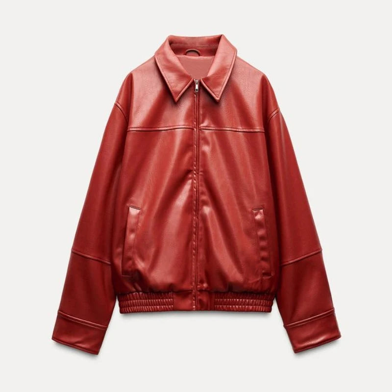 Vintage Textured Leather Jacket Coat Matte Zipper Lapel Commuting Loose Women Motorcycle Jackets Street Trendy Short Outwear Top