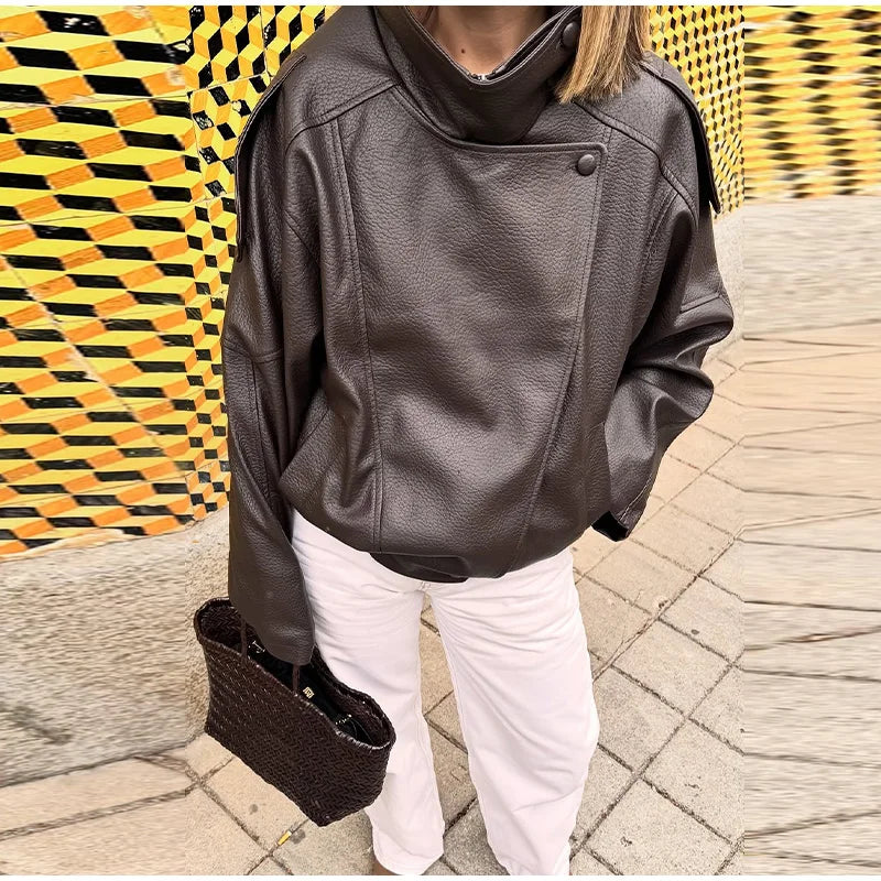 Retro Stand Collar PU Leather Jacket Women Classic Casual Zipper Single Breasted Black Jackets Lady 2025 Autumn Chic Streetwear