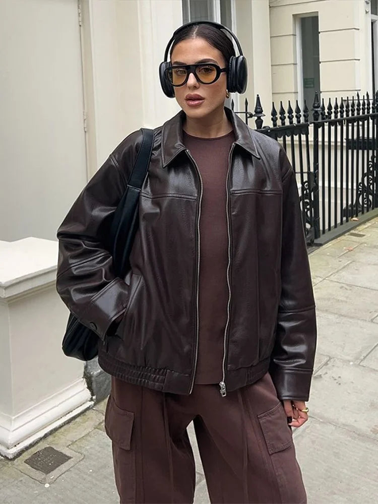 Vintage Textured Leather Jacket Coat Matte Zipper Lapel Commuting Loose Women Motorcycle Jackets Street Trendy Short Outwear Top