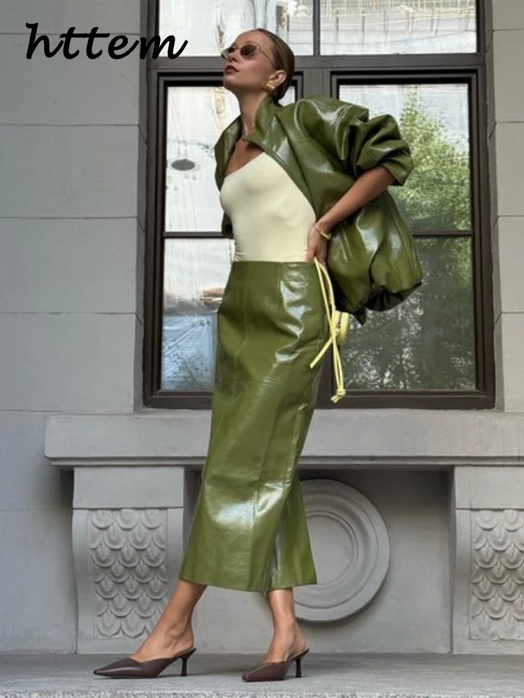 Street Zipper Leather Jackets Skirts Sets Women Loose Stand Collar Full Sleeve Coat Straight Skirt 2025 Autumn Winter Lady Suit