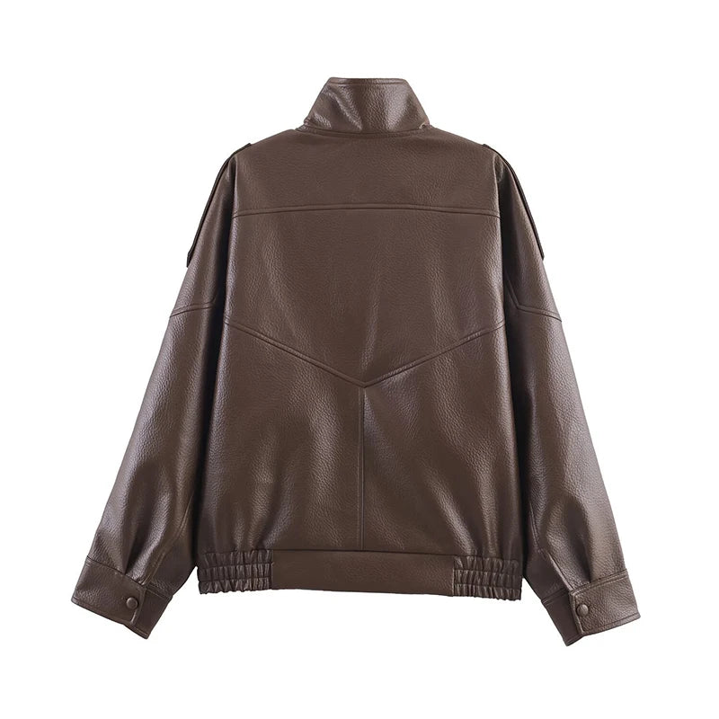 Retro Stand Collar PU Leather Jacket Women Classic Casual Zipper Single Breasted Black Jackets Lady 2025 Autumn Chic Streetwear