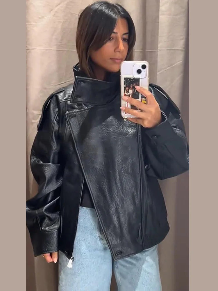 Retro Stand Collar PU Leather Jacket Women Classic Casual Zipper Single Breasted Black Jackets Lady 2025 Autumn Chic Streetwear