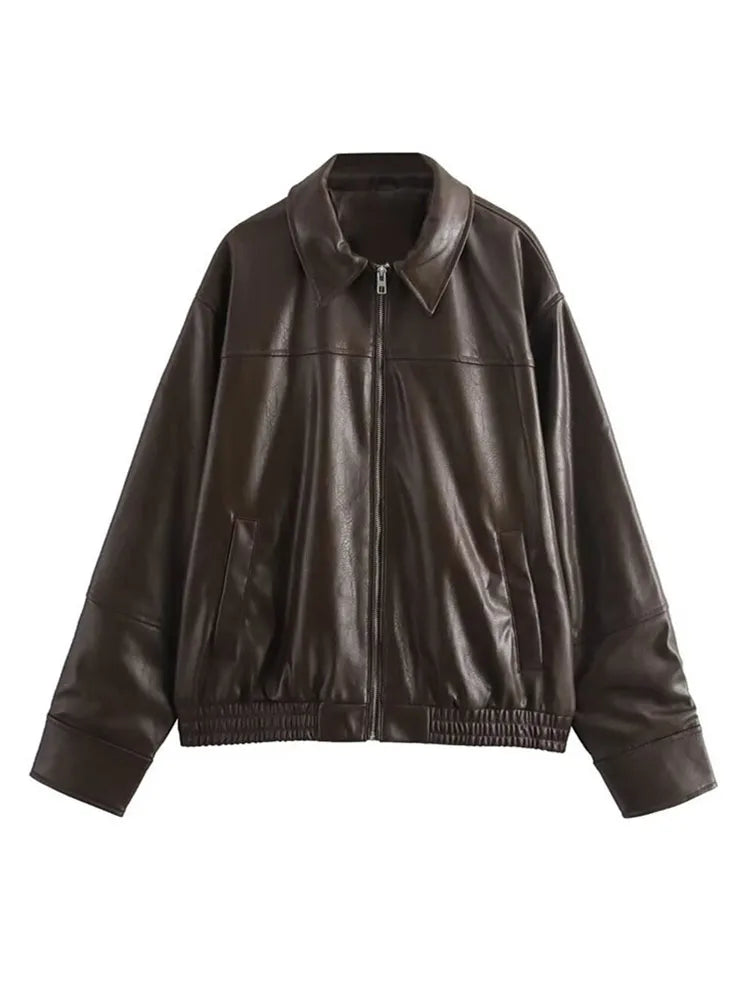Vintage Textured Leather Jacket Coat Matte Zipper Lapel Commuting Loose Women Motorcycle Jackets Street Trendy Short Outwear Top