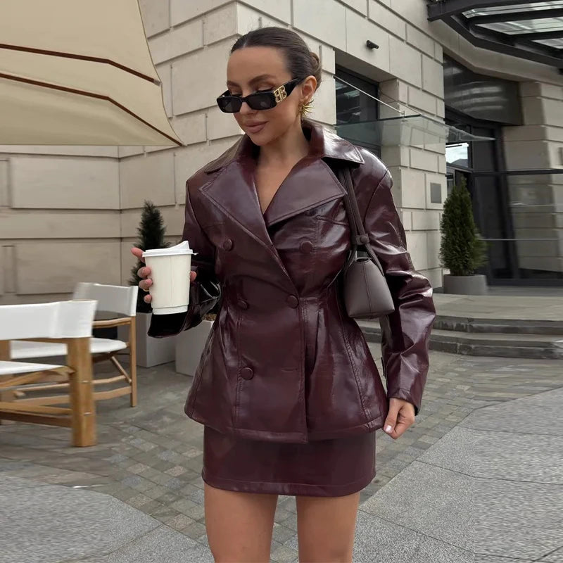Retro Leather Blazers Short Skirts Suit Women's Stylish Lapel Double-breasted Jackets 2025 New Autumn Winter Ladies Streetwear
