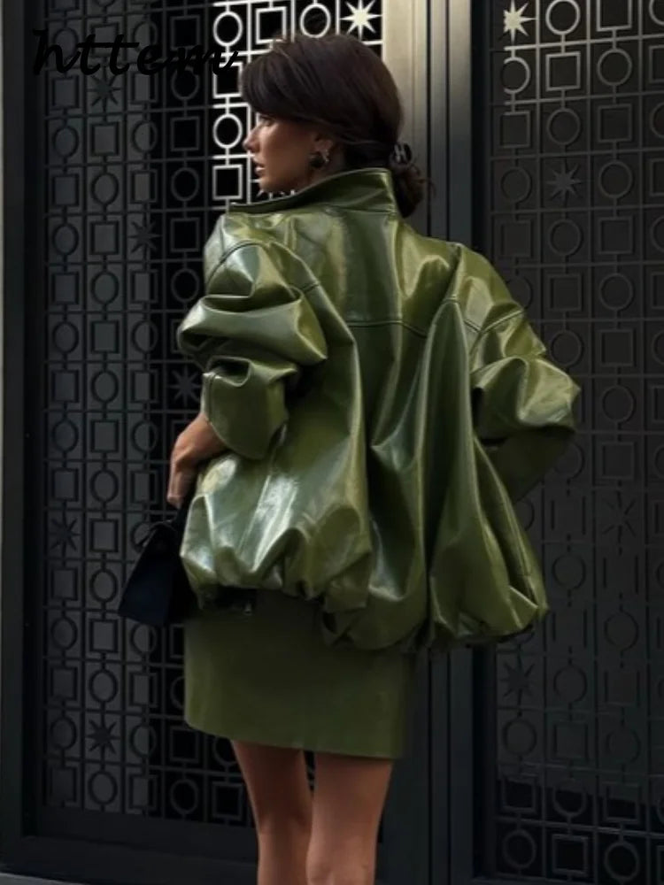 Street Zipper Leather Jackets Skirts Sets Women Loose Stand Collar Full Sleeve Coat Straight Skirt 2025 Autumn Winter Lady Suit