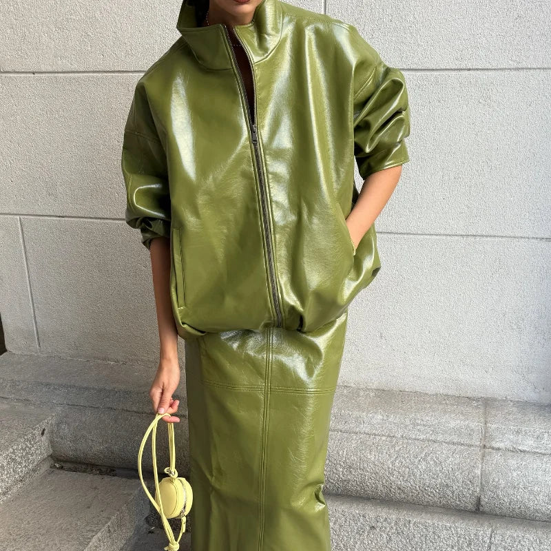 Vintage Green Leather Skirts Jackets Suit Women's Slim Zipper Coat With Pocket Split Skirt 2025 New Winter Autumn Ladies Outwear