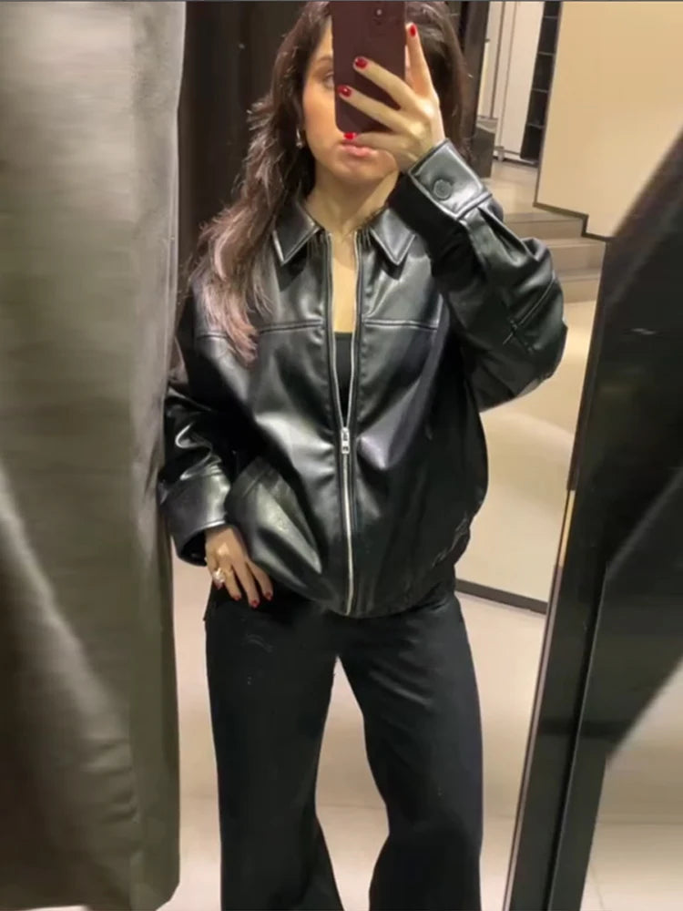 Vintage Textured Leather Jacket Coat Matte Zipper Lapel Commuting Loose Women Motorcycle Jackets Street Trendy Short Outwear Top