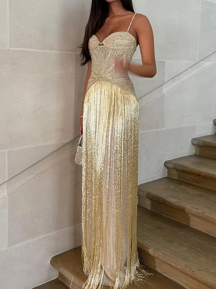 Sexy Off Shoulder Sleeveless Suspender Dress Women's Elegant High Waist Slim Tassel Long Dress Fashion Draped Solid Long Dress - SalmanStore 