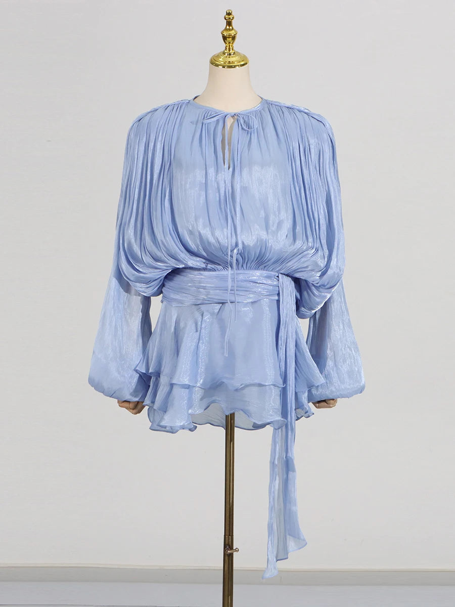 GALCAUR Solid Loose Splicd Lace Up Dresses For Women V Neck Long Sleeves Patchwork Ruffles Tunic Dreses Female Fashio New