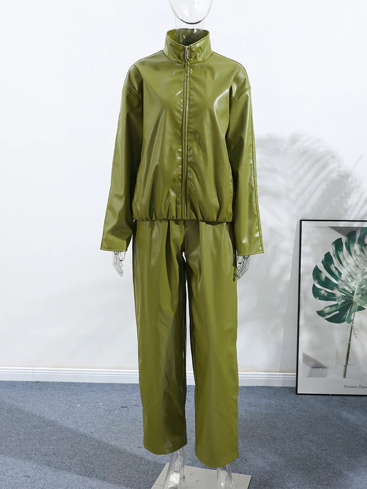 Vintage Green Leather Skirts Jackets Suit Women's Slim Zipper Coat With Pocket Split Skirt 2025 New Winter Autumn Ladies Outwear