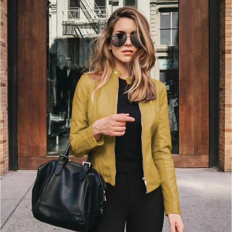 New Vintage Women PU Leather Bomber Jacket Fashion Casual Autumn Winter Zipper Windbreaker Streetwear Female Blazer Y2K Clothes