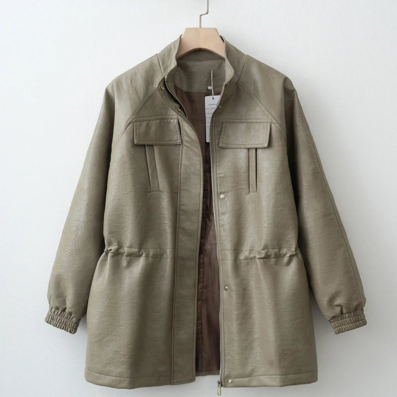 Autumn Winter Pu Leather Jacket For Women Solid Full Sleeve Elastic Adjustable Waist Coat 2025 New Lady Fashion Casual Outwears