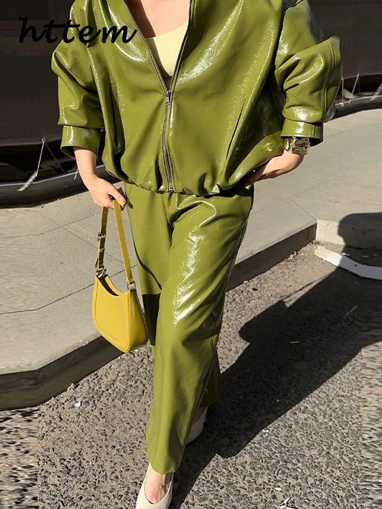 Street Zipper Leather Jackets Skirts Sets Women Loose Stand Collar Full Sleeve Coat Straight Skirt 2025 Autumn Winter Lady Suit