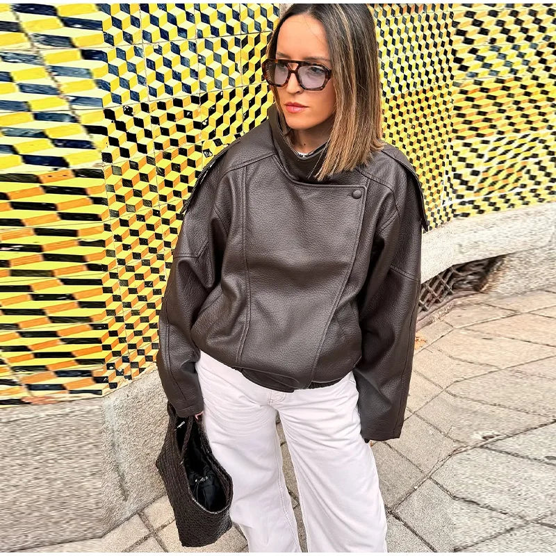 Retro Stand Collar PU Leather Jacket Women Classic Casual Zipper Single Breasted Black Jackets Lady 2025 Autumn Chic Streetwear