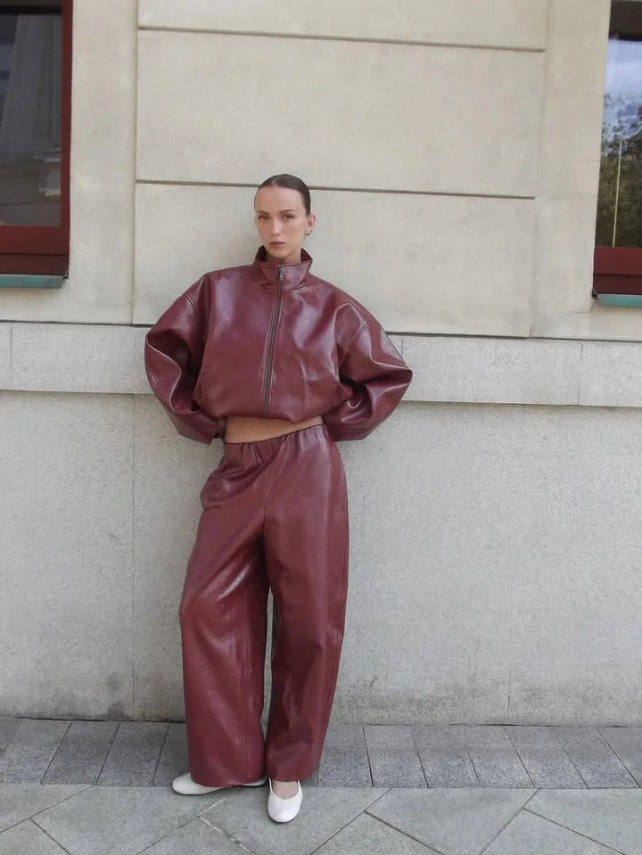 Street Zipper Leather Jackets Skirts Sets Women Loose Stand Collar Full Sleeve Coat Straight Skirt 2025 Autumn Winter Lady Suit