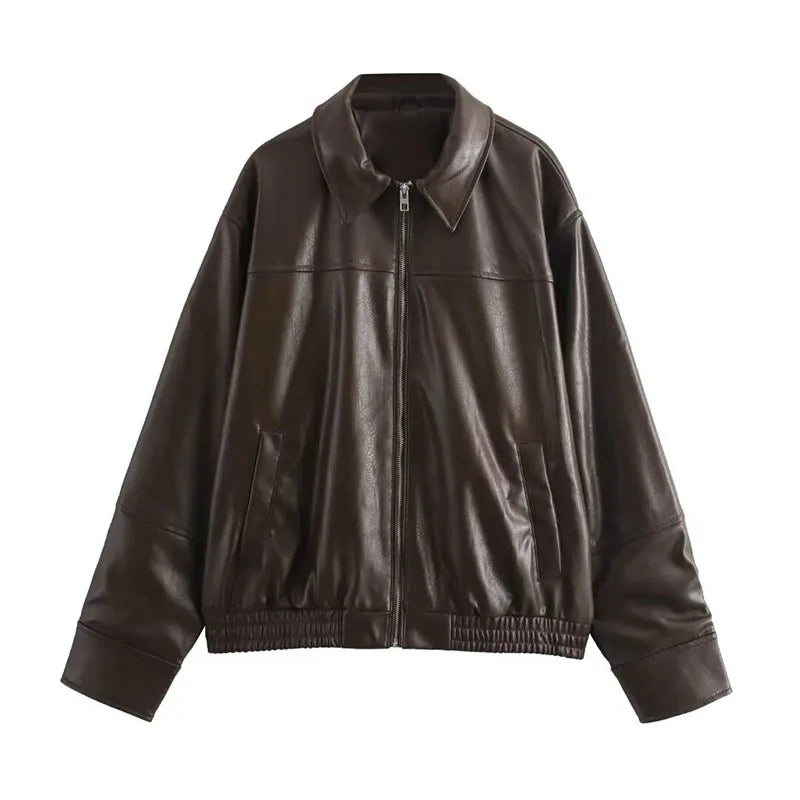 Vintage Textured Leather Jacket Coat Matte Zipper Lapel Commuting Loose Women Motorcycle Jackets Street Trendy Short Outwear Top