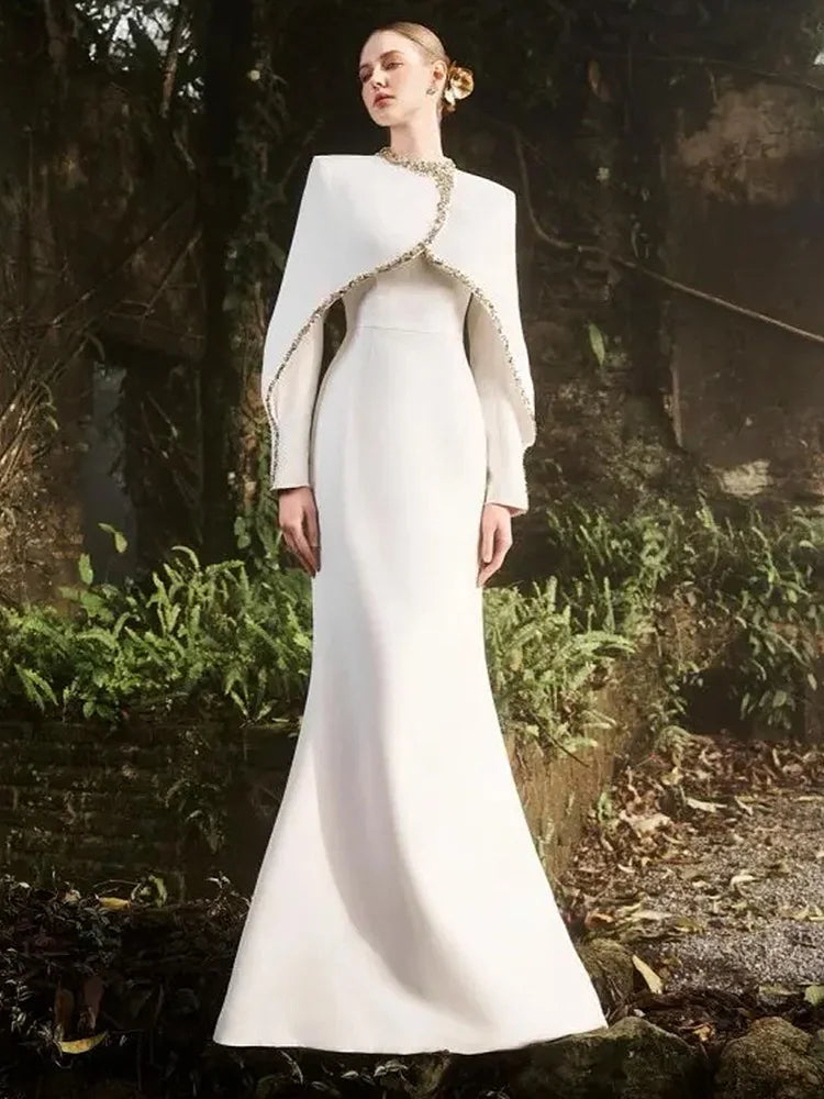 HIGH STREET Newest 2026 Designer Vestido Women's Diamonds Beaded Cape Sleeve Floor Length Maxi Long Dress - SalmanStore 