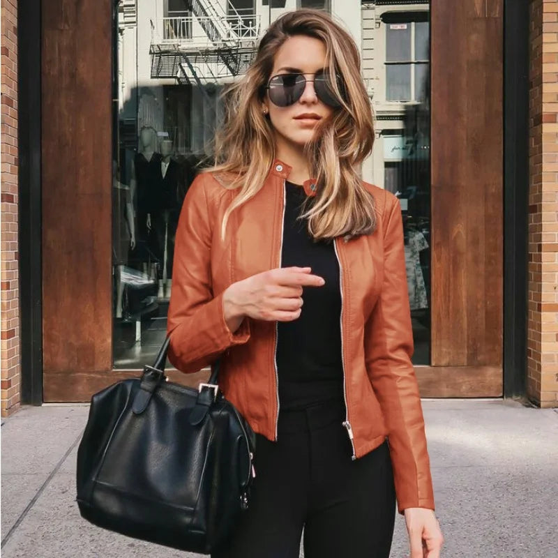 New Vintage Women PU Leather Bomber Jacket Fashion Casual Autumn Winter Zipper Windbreaker Streetwear Female Blazer Y2K Clothes