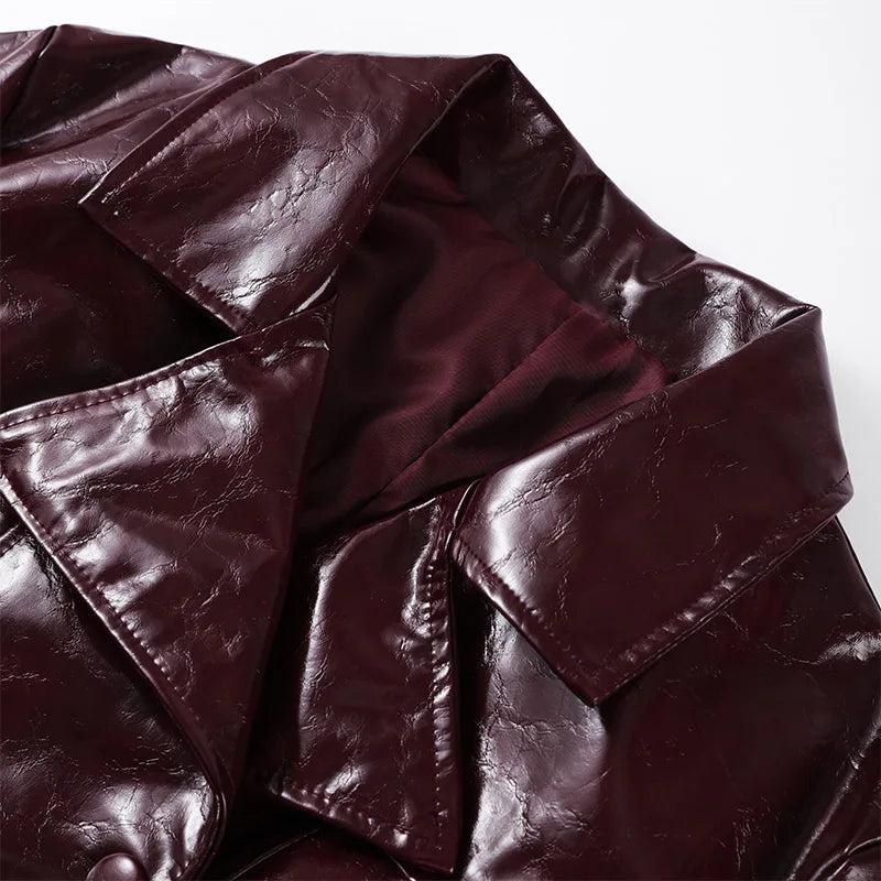 Retro Leather Blazers Short Skirts Suit Women's Stylish Lapel Double-breasted Jackets 2025 New Autumn Winter Ladies Streetwear