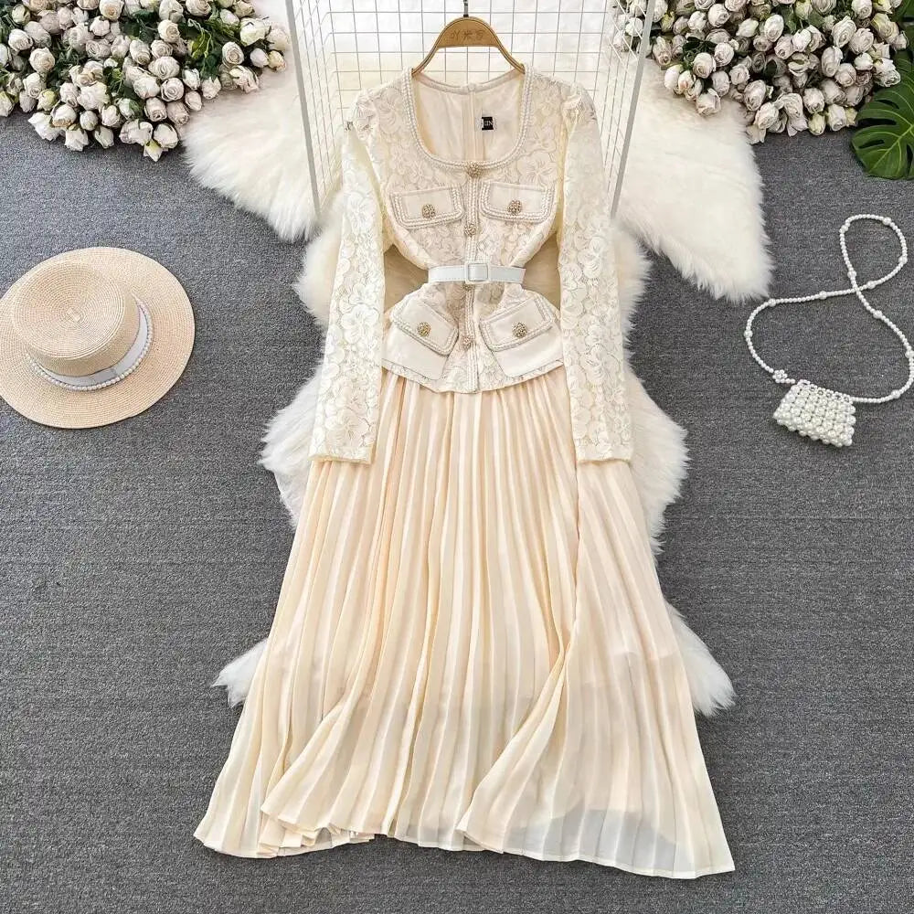 Runway Designer Summer Flower Embroidery Lace Chiffon Prom Dress Women Short Sleeve Single Breasted Midi Long Vestidos Party - SalmanStore 