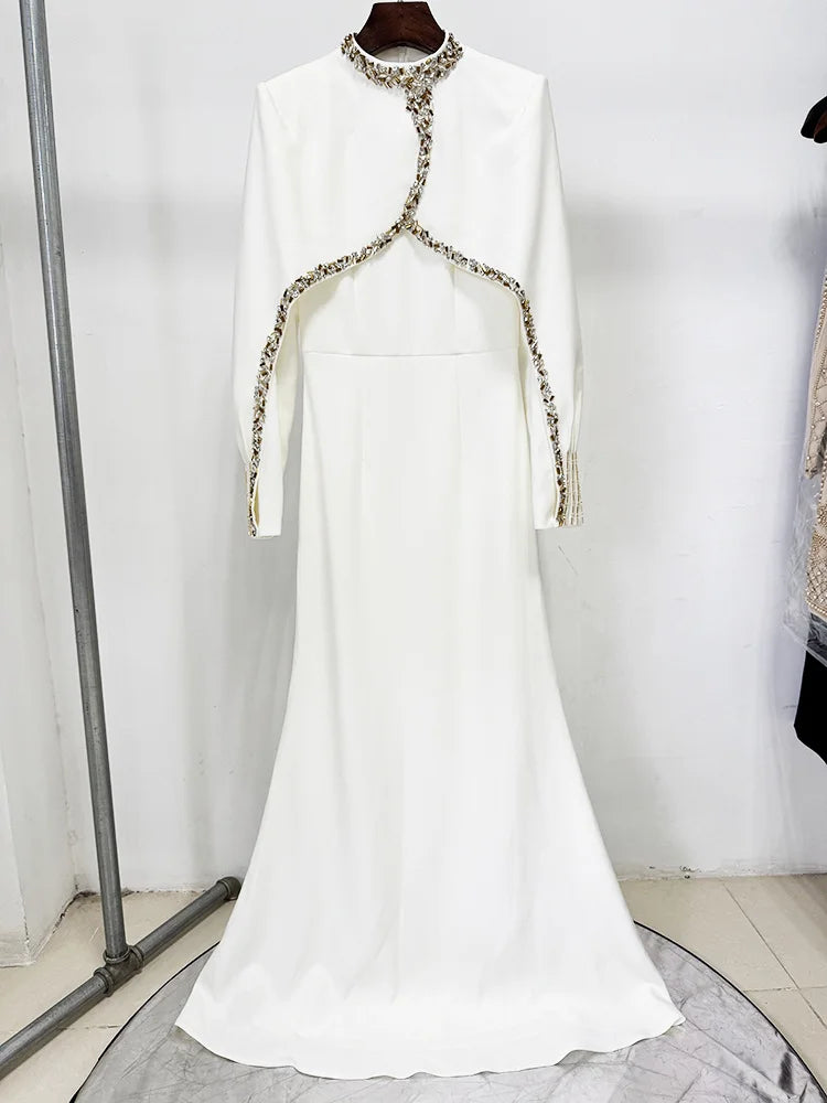 HIGH STREET Newest 2026 Designer Vestido Women's Diamonds Beaded Cape Sleeve Floor Length Maxi Long Dress - SalmanStore 