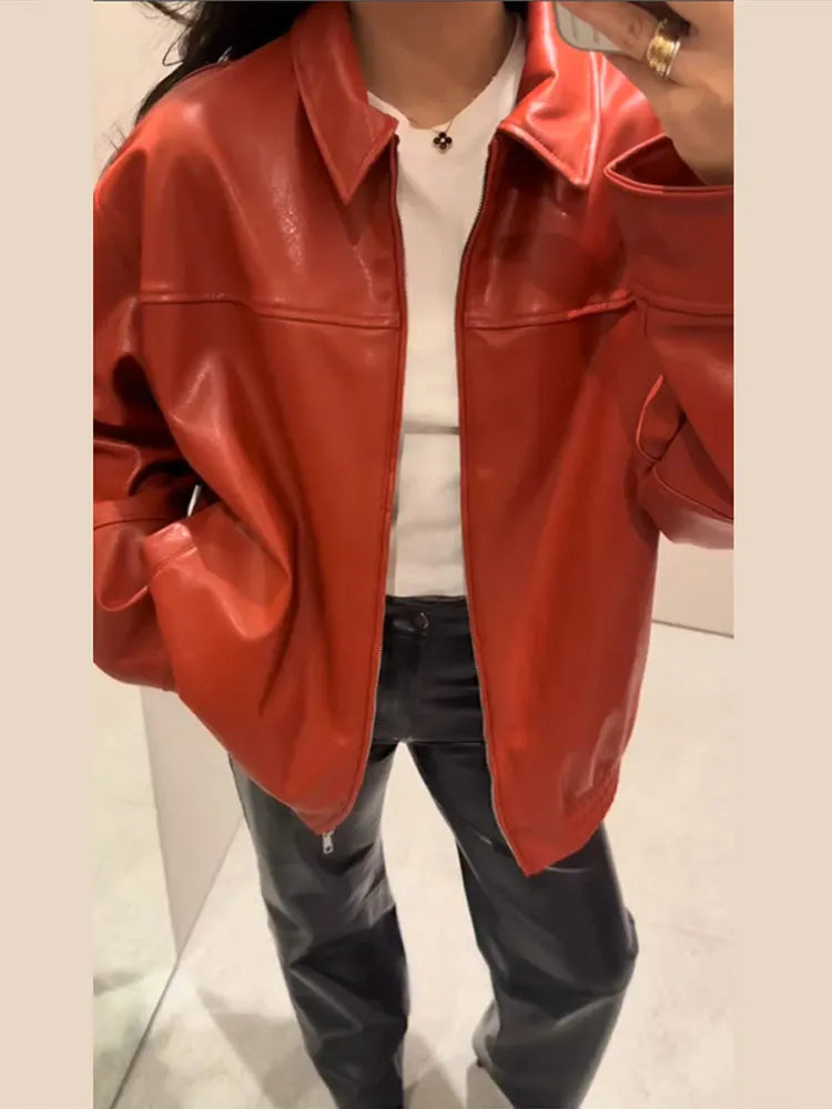 Vintage Textured Leather Jacket Coat Matte Zipper Lapel Commuting Loose Women Motorcycle Jackets Street Trendy Short Outwear Top