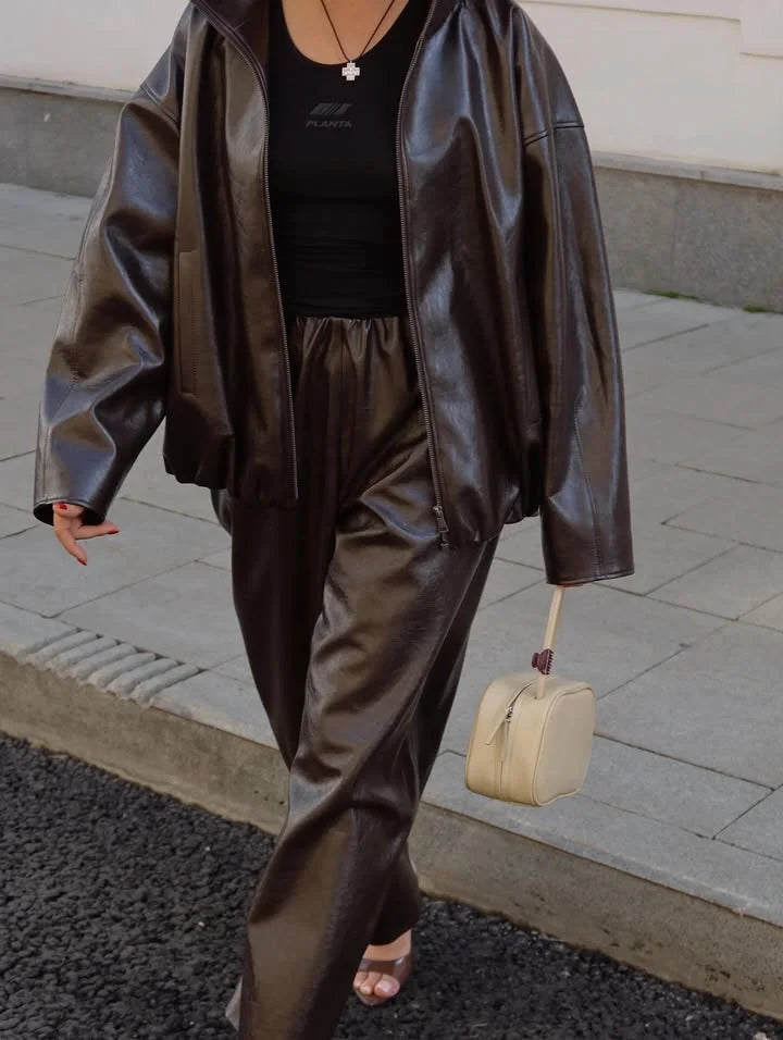 Street Zipper Leather Jackets Skirts Sets Women Loose Stand Collar Full Sleeve Coat Straight Skirt 2025 Autumn Winter Lady Suit