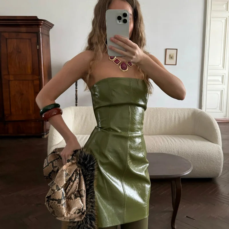 Vintage Green Leather Skirts Jackets Suit Women's Slim Zipper Coat With Pocket Split Skirt 2025 New Winter Autumn Ladies Outwear