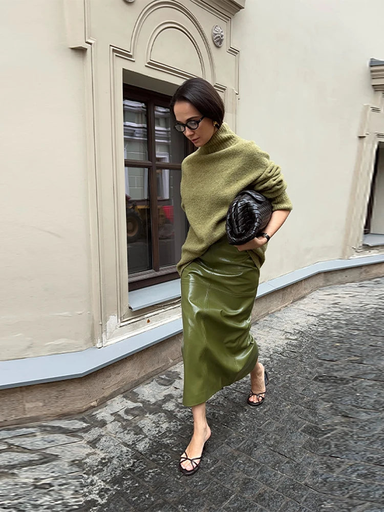 Vintage Green Leather Skirts Jackets Suit Women's Slim Zipper Coat With Pocket Split Skirt 2025 New Winter Autumn Ladies Outwear