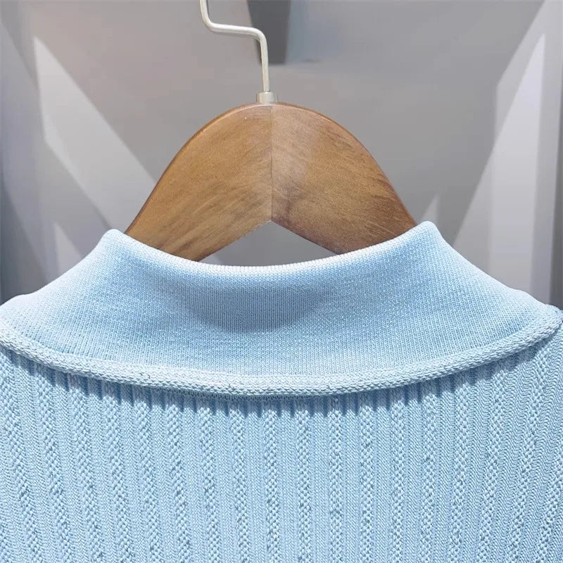 2024 Spring/Summer New Polo Neck Short Sleeve Knitted Dress Y2K Fashion Commuter Elastic Slim Fit Multi Pocket Wrapped Hip Skirt