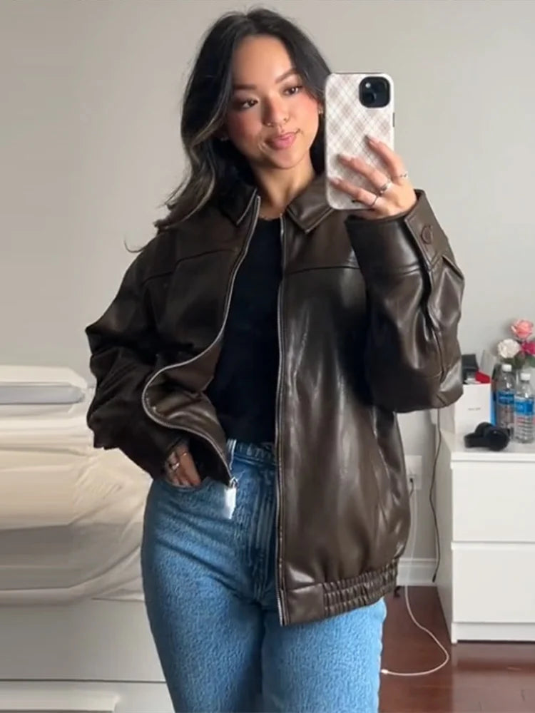 Vintage Textured Leather Jacket Coat Matte Zipper Lapel Commuting Loose Women Motorcycle Jackets Street Trendy Short Outwear Top