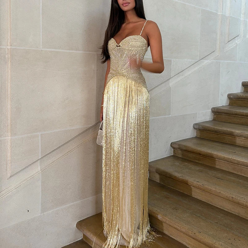 Sexy Off Shoulder Sleeveless Suspender Dress Women's Elegant High Waist Slim Tassel Long Dress Fashion Draped Solid Long Dress - SalmanStore 