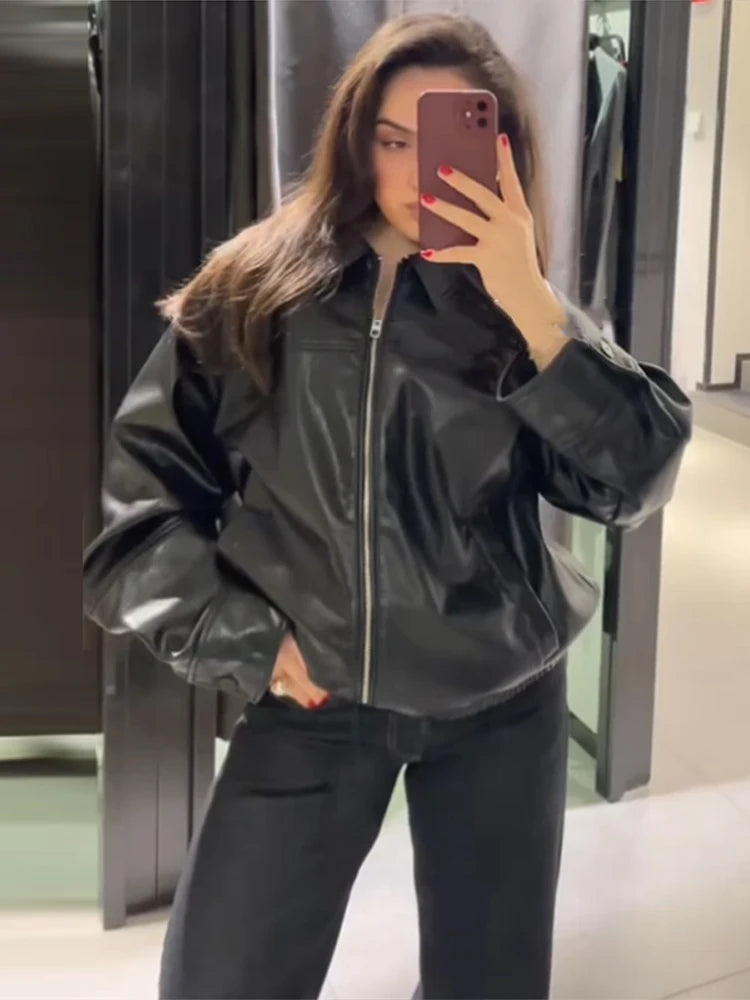Vintage Textured Leather Jacket Coat Matte Zipper Lapel Commuting Loose Women Motorcycle Jackets Street Trendy Short Outwear Top