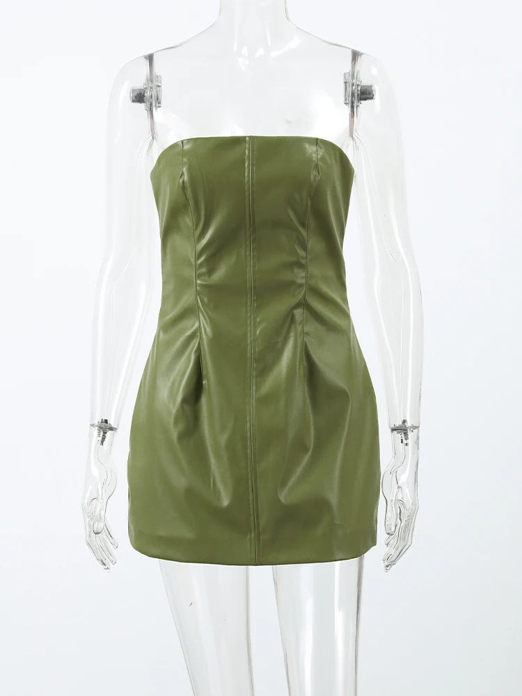 Vintage Green Leather Skirts Jackets Suit Women's Slim Zipper Coat With Pocket Split Skirt 2025 New Winter Autumn Ladies Outwear