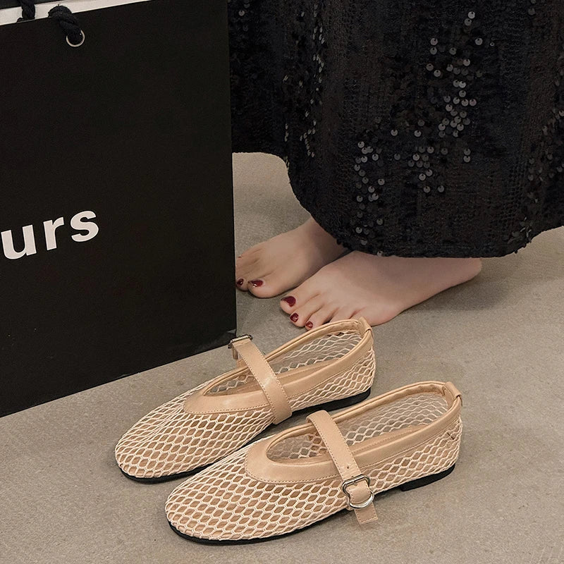 حذاء مسطح مدبب للنساء، مصمم بشكل كاجوال، حذاء باليه قابل للتنفس، صنادل شاطئ مجوفة للنساء، حذاء ماري جين، طراز جديد 2025