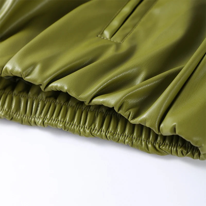 Vintage Green Leather Skirts Jackets Suit Women's Slim Zipper Coat With Pocket Split Skirt 2025 New Winter Autumn Ladies Outwear